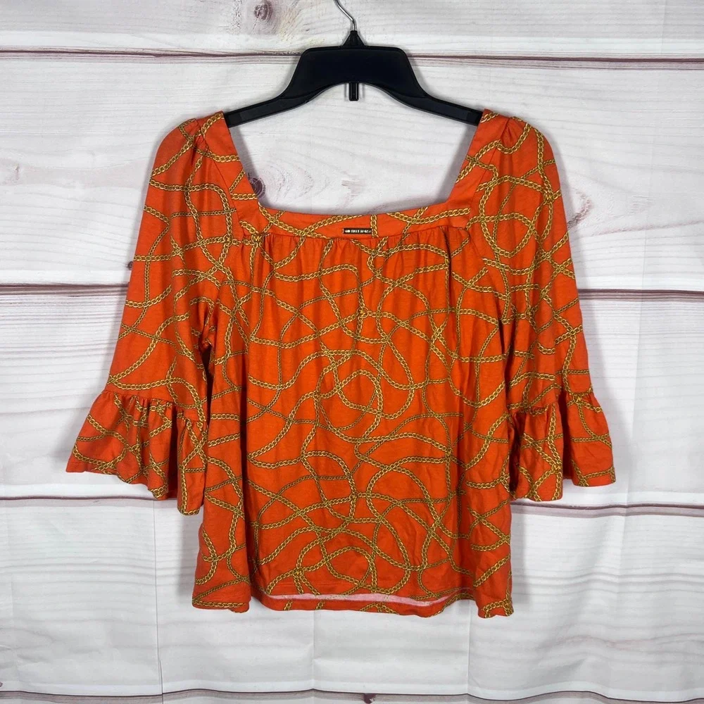 Michael Kors Chain Print Top Womens Small Orange Geometric Ruffle Sleeve Blouse